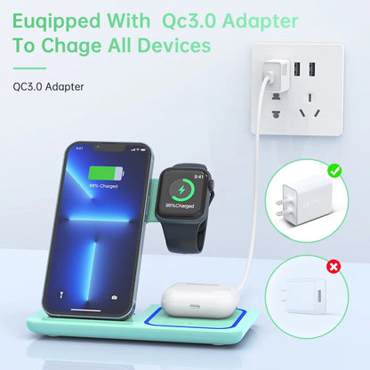 Wireless Charging Station, 2023 Upgraded 18W 3 in 1 Wireless Charger Stand for Iphone 15/14/13/12/11 Pro/Xs, Airpods 3/2/1/Pro, Iwatch Series 8/7/6/5/4/3,Samsung Phones(Green)